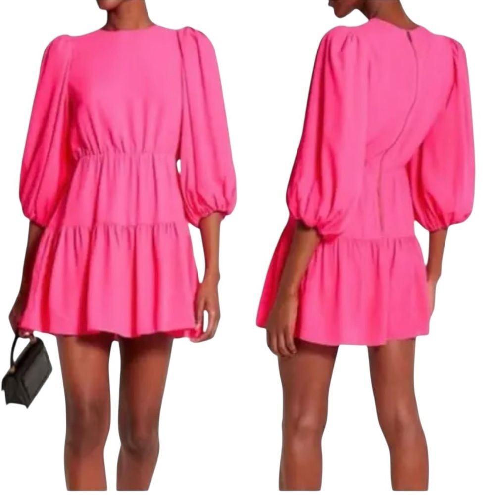 Alice + Olivia Shayla Pleated Sleeve Tiered Mini Dress 6 Pink